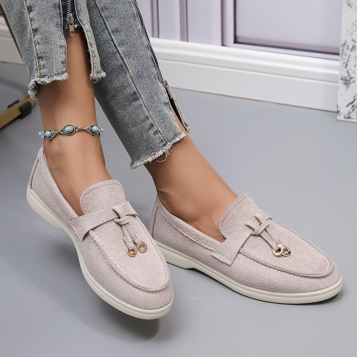 New Lefu Shoes Women's Soft Leather Retro Lazy Man Step on Thick Sole Flat Bottom Comfortable Single Shoe