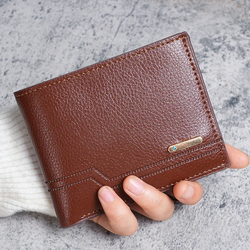 Men'S Short Pu Leather Wallet Business Casual Lychee Pattern Soft Leather Wallet Multi Card Large Capacity Wallet Card Holders