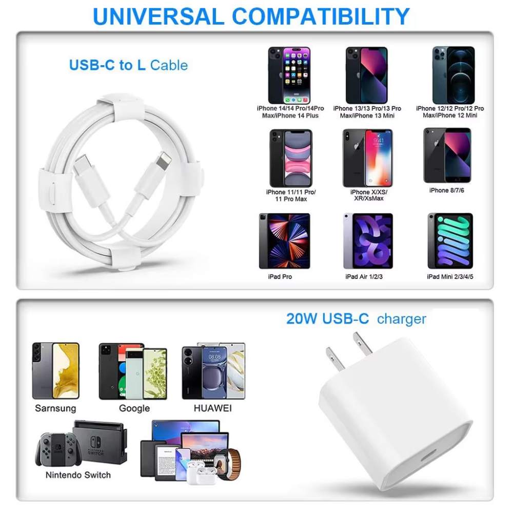 NNBILI PD 20W Caricabatterie rapido per iPhone 11 12 13 14 Pro Max XR X XS Max 8 Plus Caricatore del telefono Cavo da 3,3 piedi Accessori di ricarica rapida