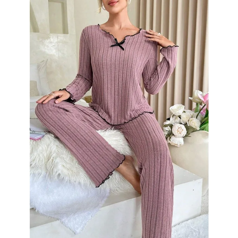 Damen-Herbst-Winter-Nachtwäsche, geripptes Pyjama-Set, langärmliges Oberteil und lange Hose, 2-teiliges Set, lässige Homewear, Loungewear