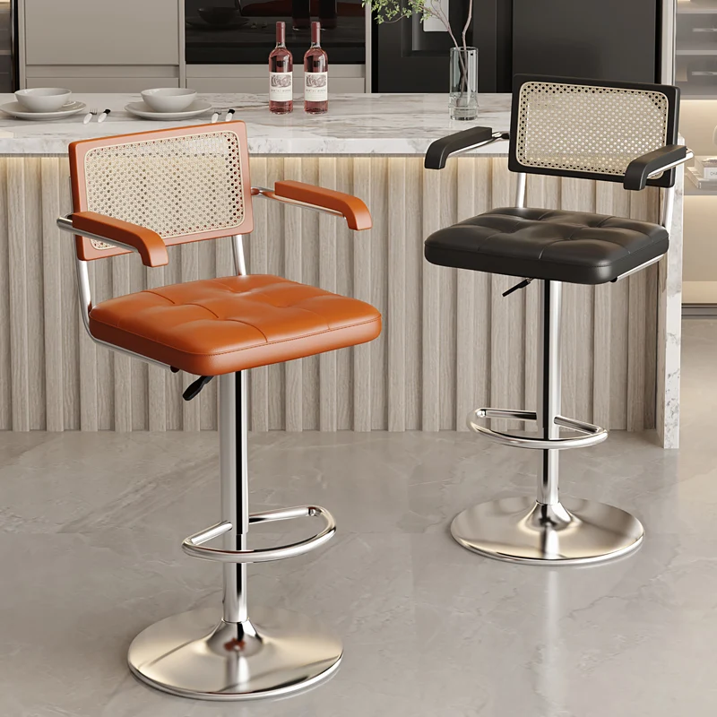 Banco de bar de meados do século, cadeira elevável com encosto de vime para ilha de cozinha, banco giratório com apoio para os pés, assento de recepção moderno