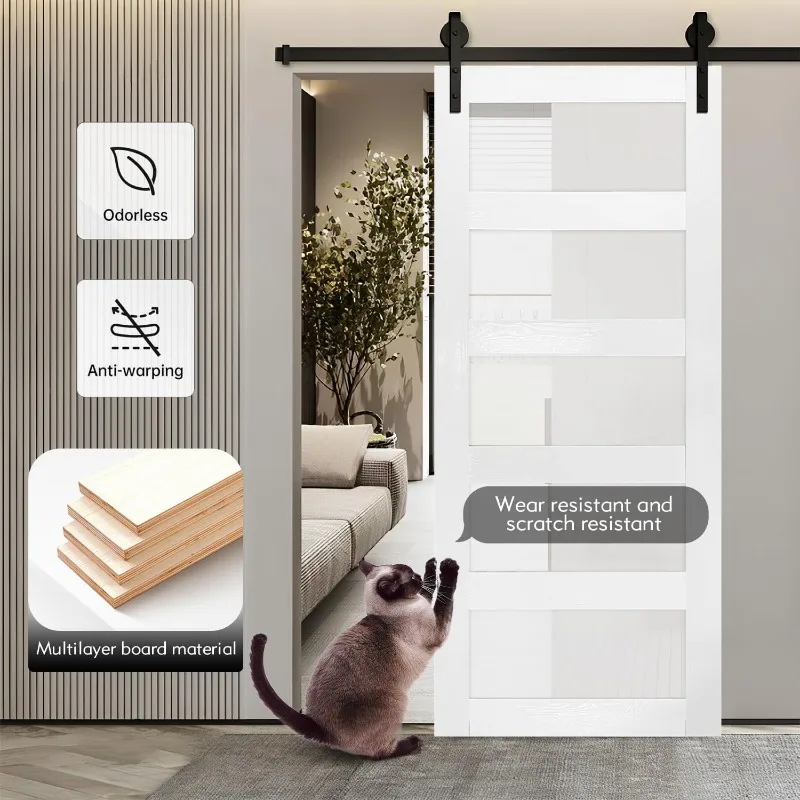 36 in x 84 in Glass Sliding MDF Barn Door with 6.6FT Sliding Door Hardware Kit, 5 Tempered Frosted Glass