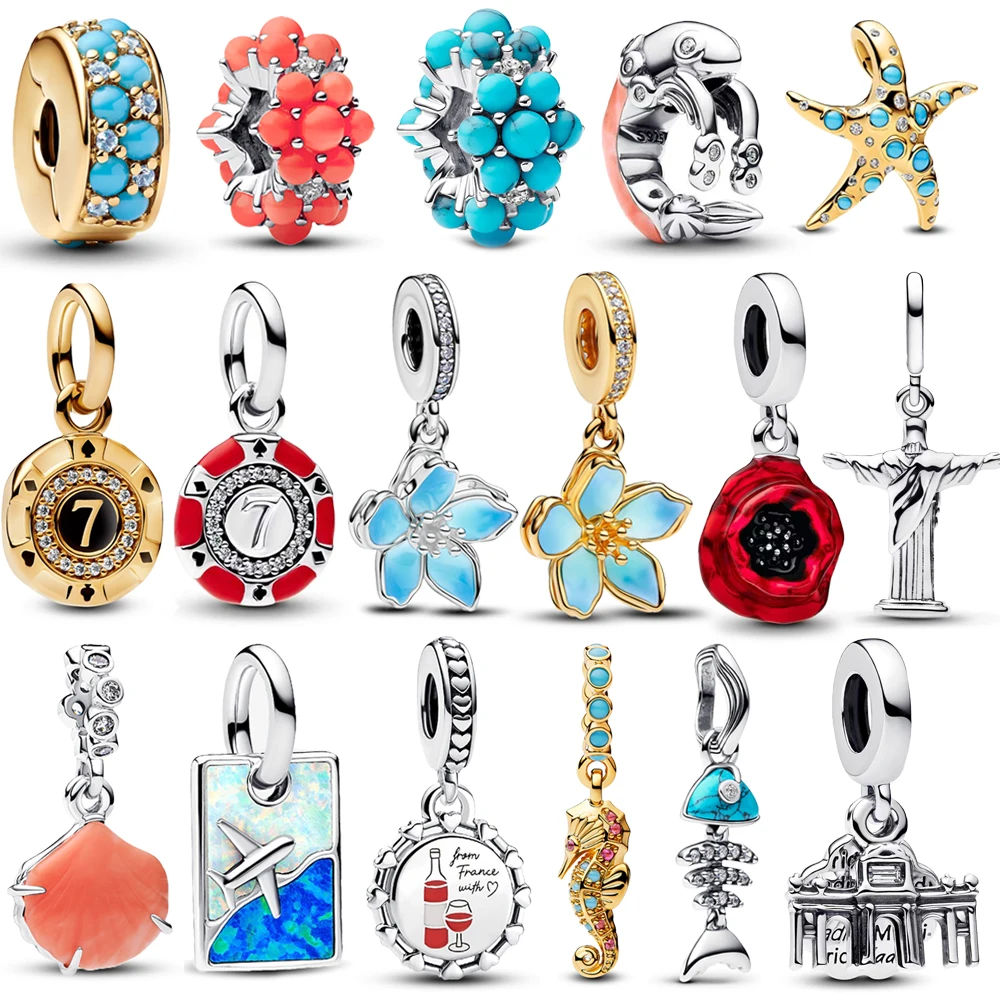 Sommer-Charm aus 925er-Sterlingsilber, ozeanblau, Pavé-Clip und blühendes Pfirsichblut, rote Rose, passend für Original-Armband-Halsketten-Schmuck