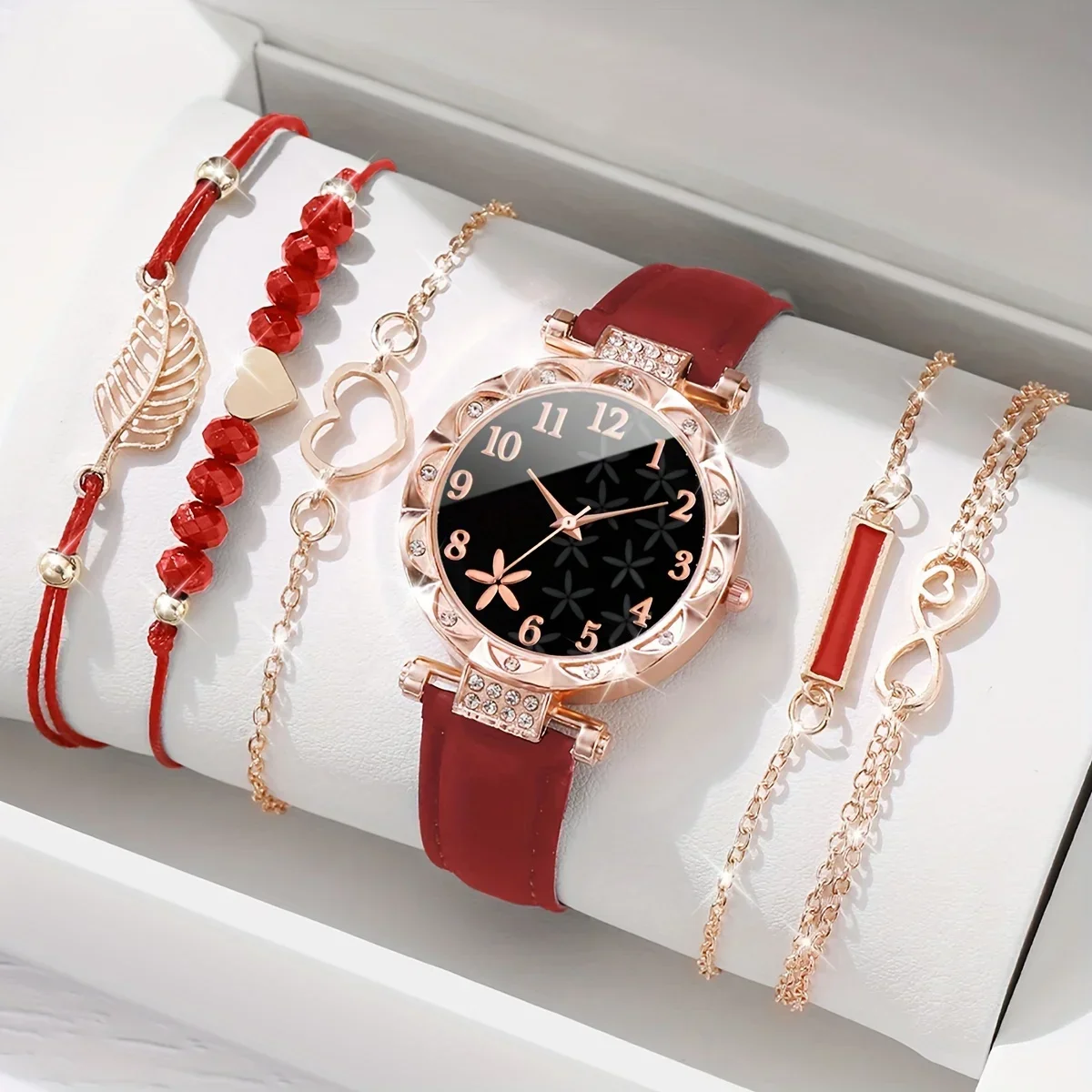 6 ชิ้นสีแดงควอตซ์นาฬิกาสายหนัง PU สังกะสีอัลลอยด์และสร้อยข้อมือเครื่องประดับสําหรับผู้หญิงไม่มีกล่องนาฬิกา