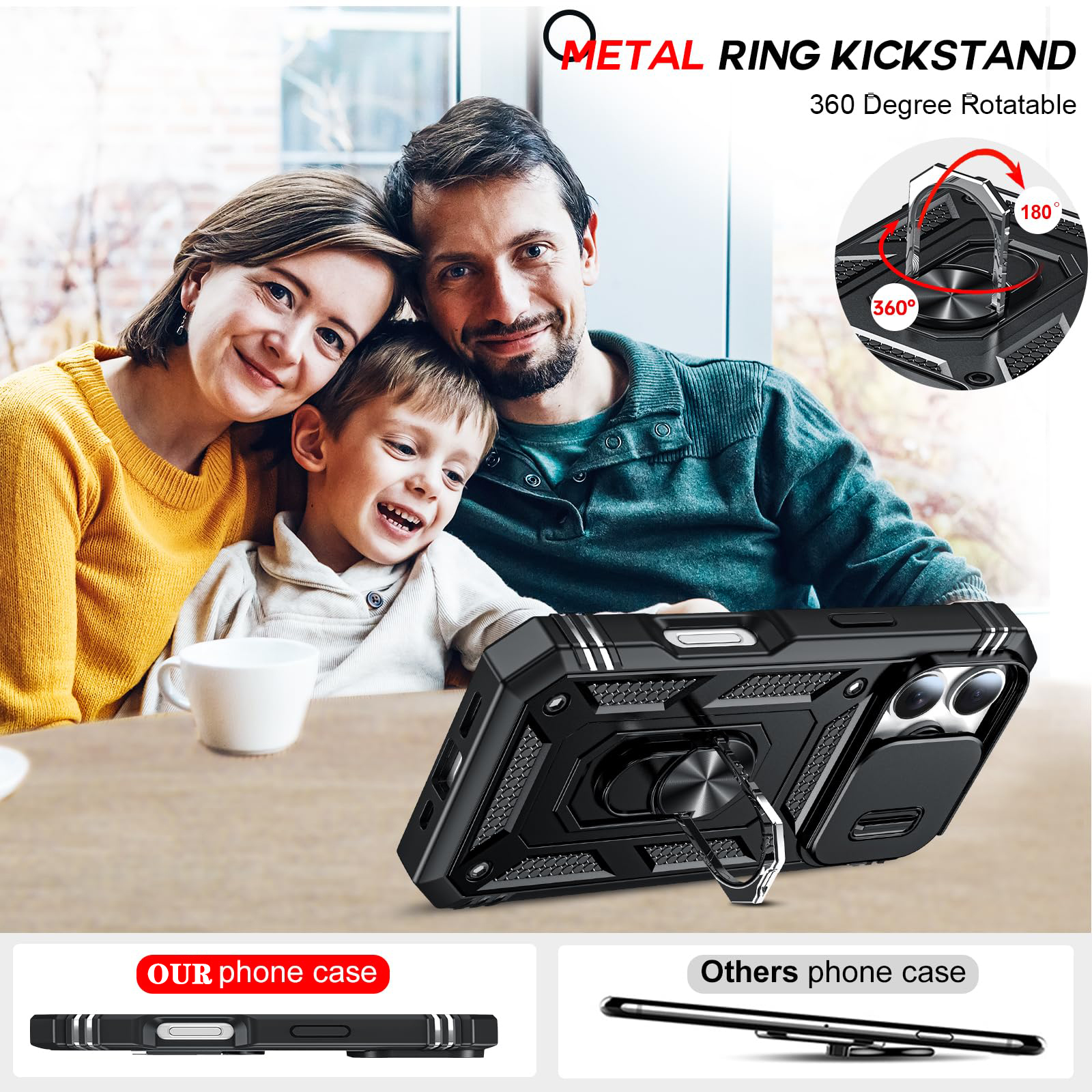 Case For iPhone 16 15 14 13 12 11 Pro XS Max XR Plus Camera Slide Military Grade Armor Protection 360 Degree Rotate Armor Cover