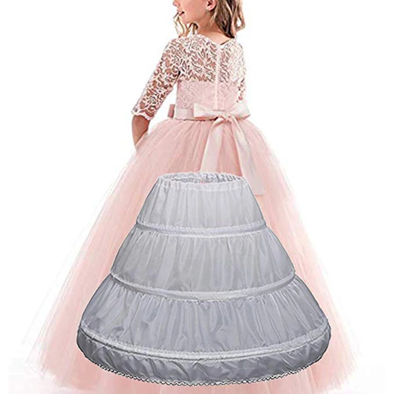 Anágua de guarnição de renda infantil, 3 aros, Crinolina infantil, vestido branco da menina flor, elástico na cintura, deslizamento completo