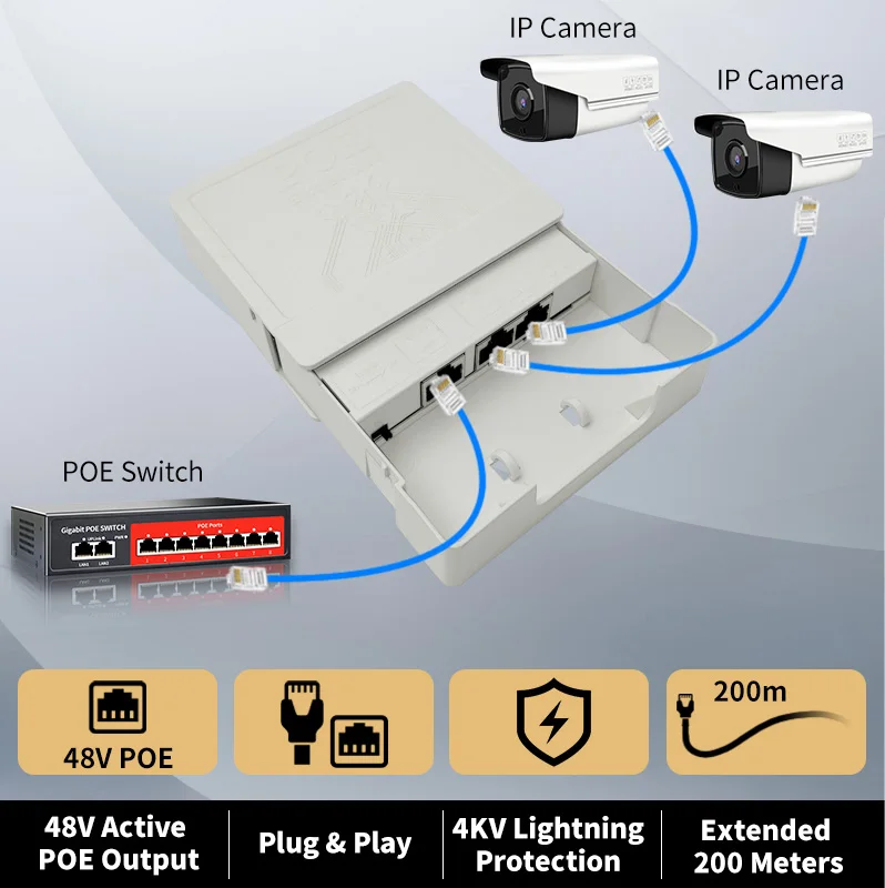 Extensor POE impermeable de 2 puertos STEAMEMO, repetidor POE de 100Mbps, estándar IEEE802.3AF/AT para cámara POE, interruptor POE inverso