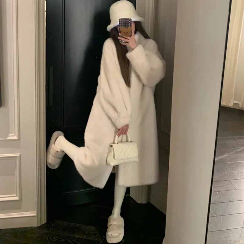 สุภาพสตรีแฟชั่นขาตั้งคอ Mink Plush Outwear ผู้หญิงแขนยาว Thicken FUR Coat ฤดูหนาวหญิงยาว Faux FUR JACKET