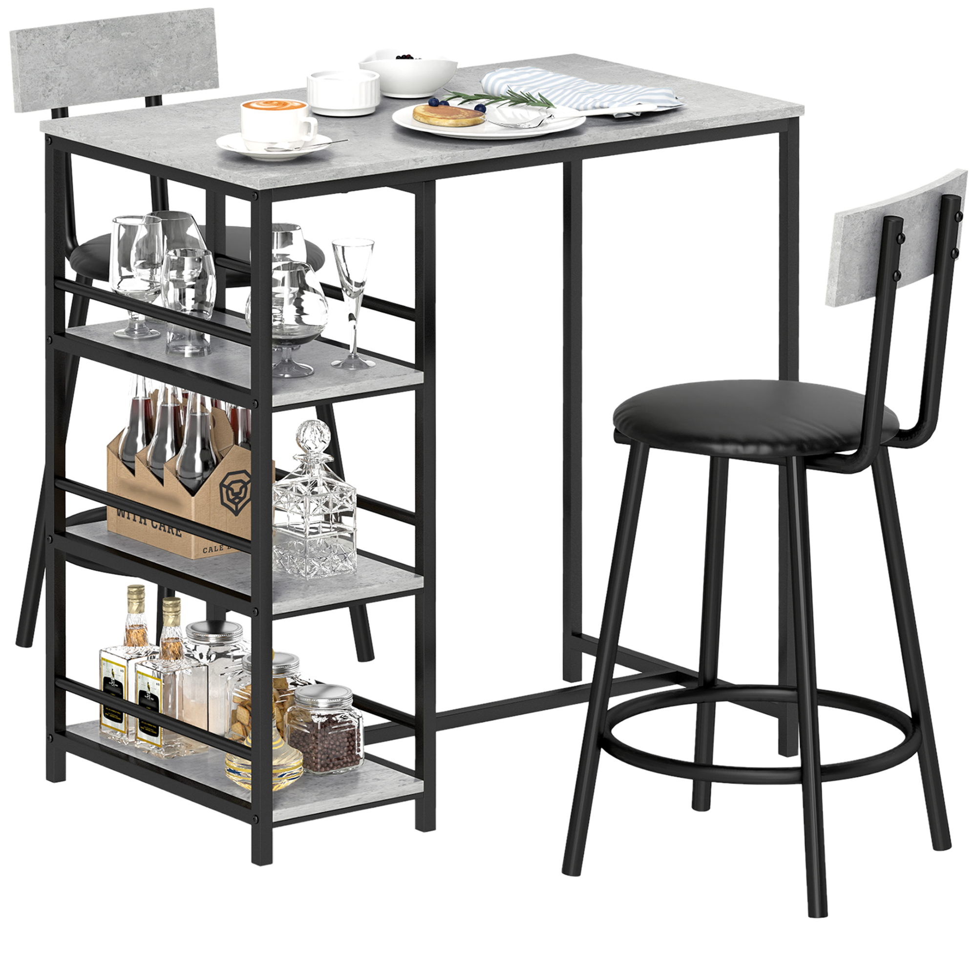 HOMCOM 3 Piece Breakfast Bar Table Set with Storage Shelves, Light Grey
