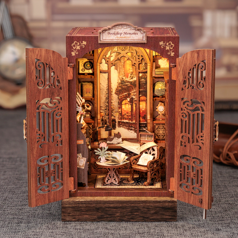 CUTEBEE DIY Book Nook Kit Miniaturowy drewniany domek dla lalek z lekką półką na książki Model dekoracji na prezenty Wspomnienia z księgarni