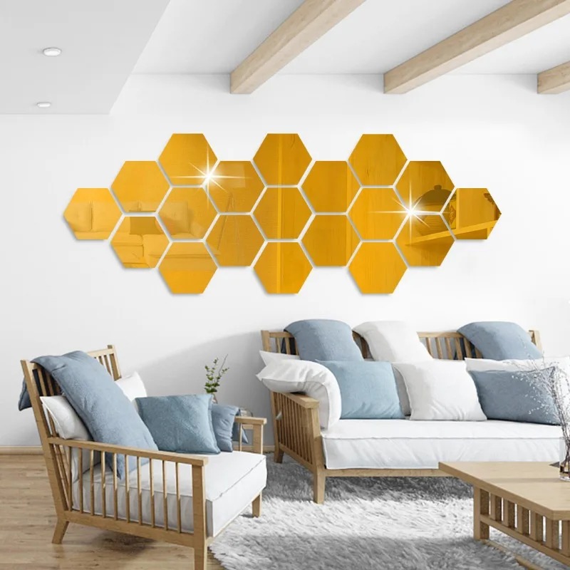 12 Uds. Pegatinas de pared de espejo hexagonal, autoadhesivas, pegatinas de pared removibles, azulejos de mosaico dorados y plateados, calcomanías para decoración del hogar y dormitorio