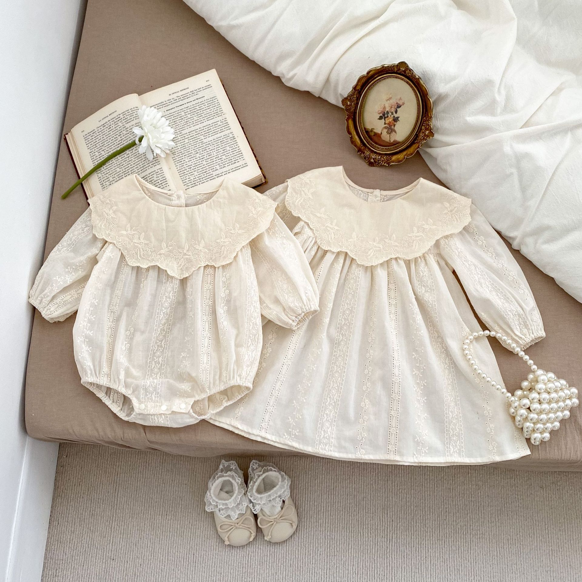 Abito da sorella per body da bambino primaverile Abito con ricamo floreale per outfit da bambina