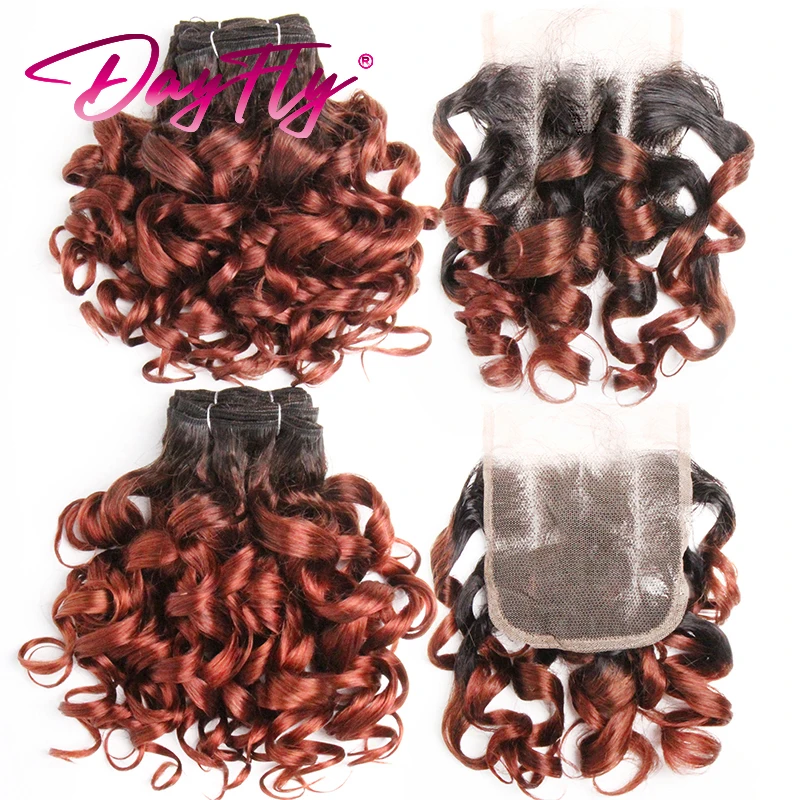 Cabelo brasileiro tecelagem com fecho, pacotes curtos de cabelo humano, Ombre Bouncy Curly Bundles, 4x4, 6 + 1/Lot