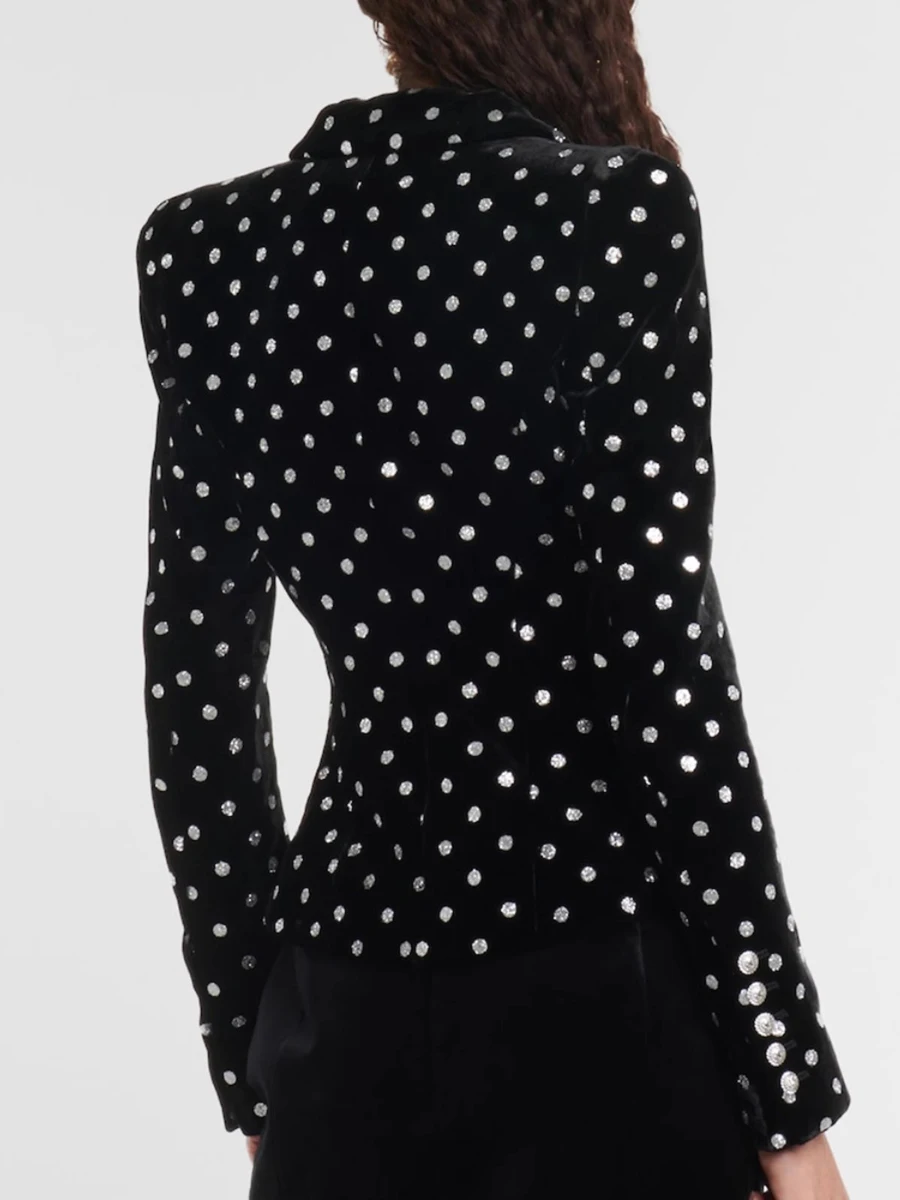 GALCAUR Polka Dots Schlank Blazer für Frauen Kerb Kragen Langarm Patchwork Diamanten Tasten Samt Mantel Weibliche Herbst Kleidung