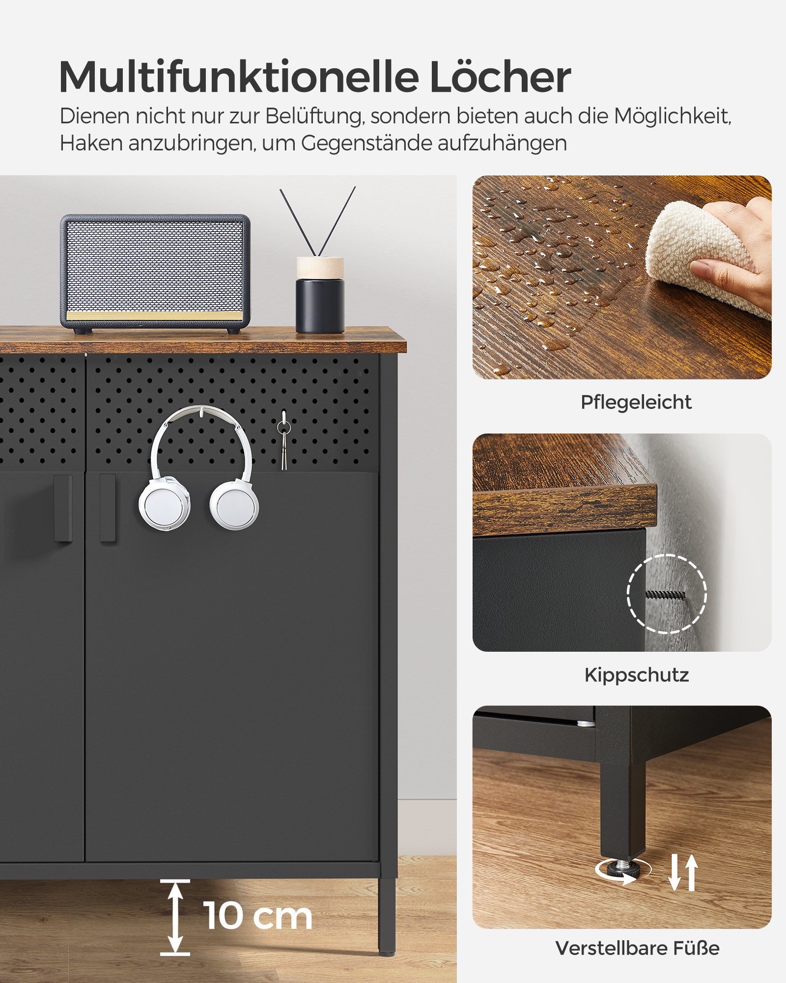 Dressoir, Keukenkast, Dubbele Deurkast, Verstelbare Vloer, Stalen Rek, Industriële Stijl Multi-Functioneel