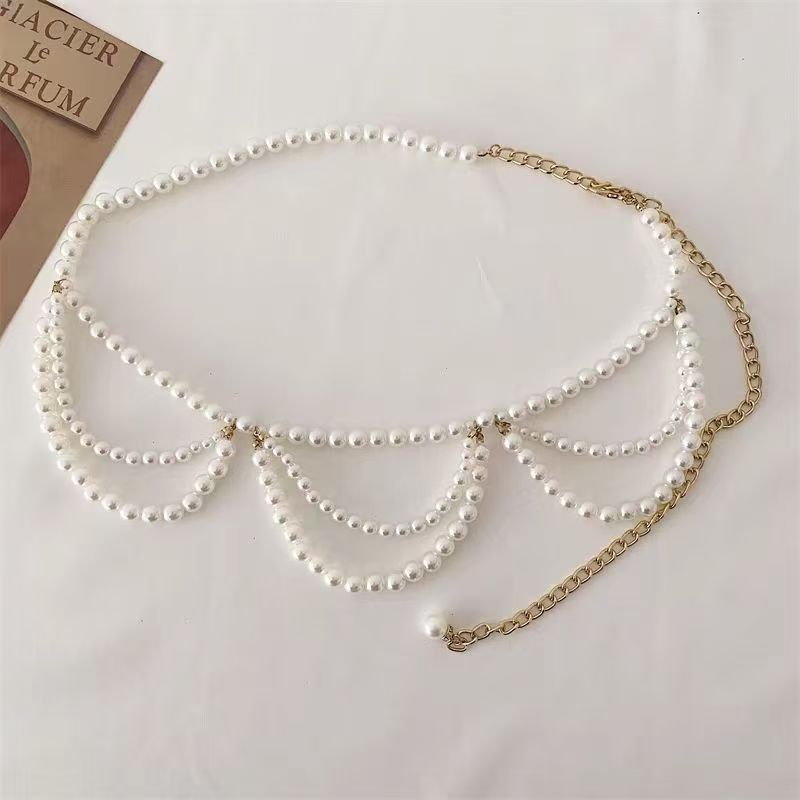 Corrente de cintura de pérola estilo moderno-cinto de borla para vestidos, cinto de cinching de luxo acessórios de verão francês 2025