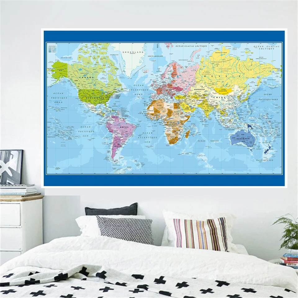 Kaart van de wereld 120*80cm in Franse vintage muurposter non-woven vinyl schilderij kantoor schoolbenodigdheden woondecoratie