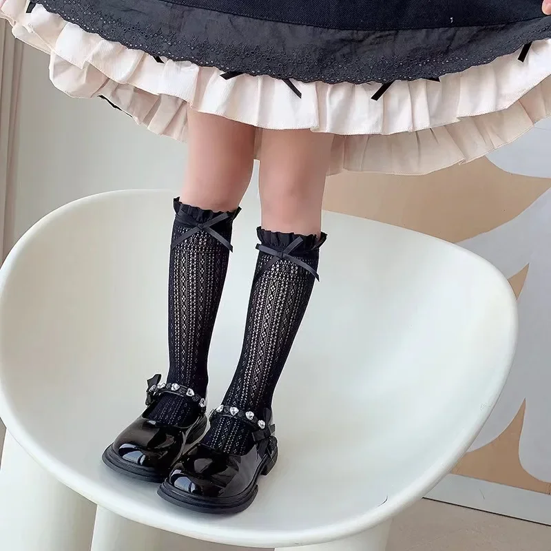 Calze lunghe da ragazza in pizzo a tubo, modello con fiocco dolce, calzino a rete, per bambina, balletto, rete da pesca, calzini con volant, leggings Lolita