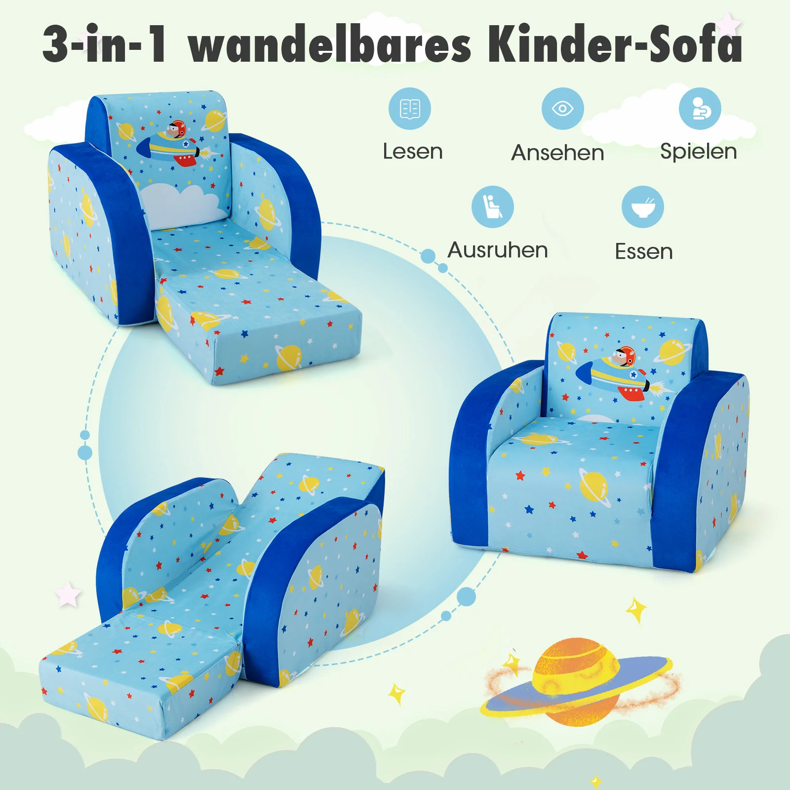 3 in 1 Kindersofa Klappbar,Kindersessel gepolstert aus Samtstoff, Kinderschlafsofa mit Abnehmbarer Schutzhülle, Kindercouch