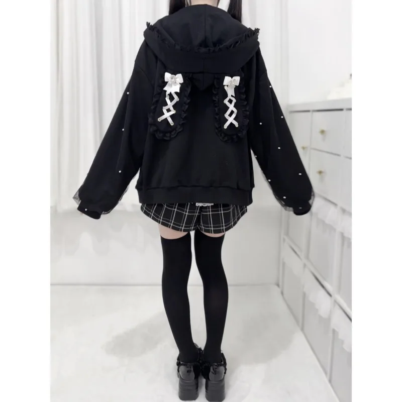 Coelho moletom com capuz y2k orelha de coelho com capuz lolita jaqueta arco meninas pérola jk japão renda kawaii zíper cardigan manga comprida topo