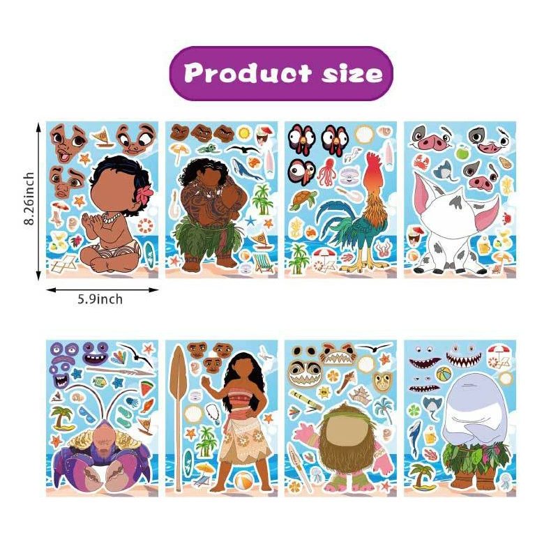 8/16 Blatt Disney Cartoon Moana DIY Make a Face Puzzle Aufkleber DIY Kinder Cartoon Lustige Montieren Puzzle Scrapbooking Aufkleber