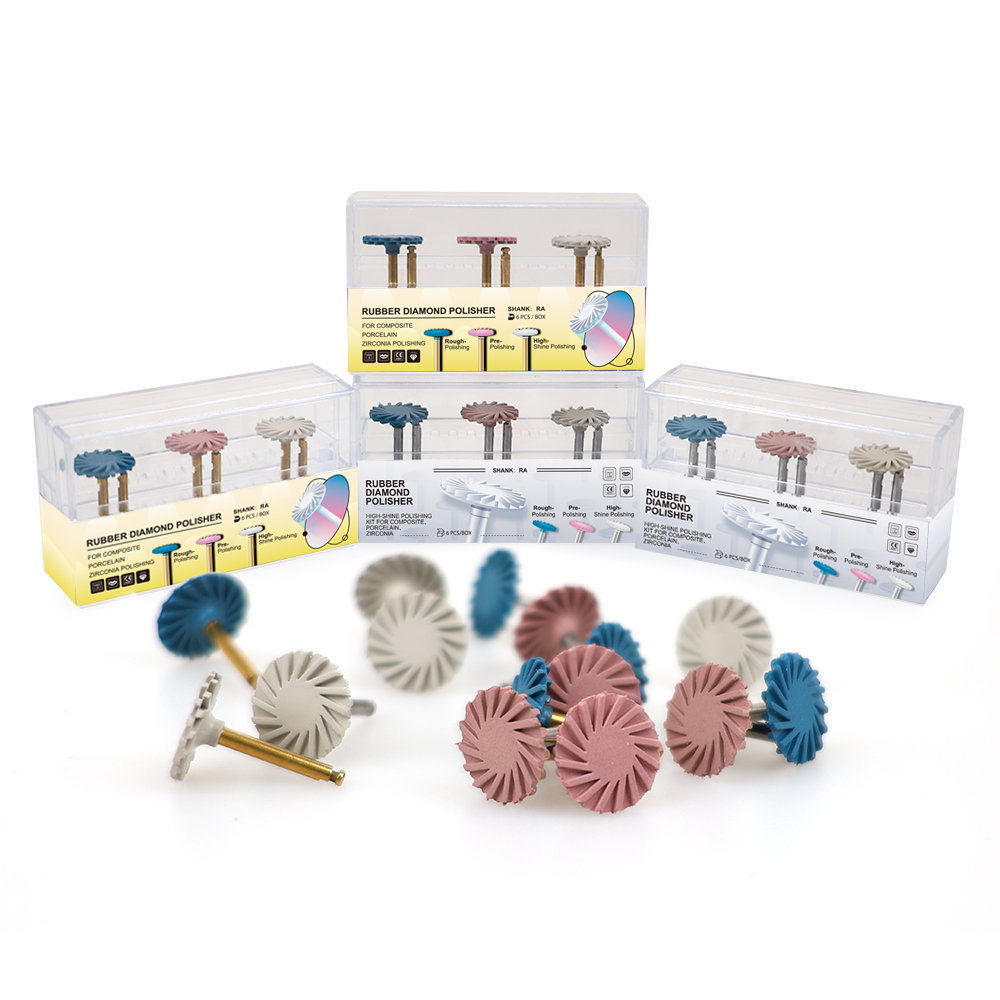 6 unids/set pulidor de goma Dental sistema de diamante de resina compuesta Kit de rueda de disco de pulido RA 14mm espiral Flex herramienta dorada y plateada