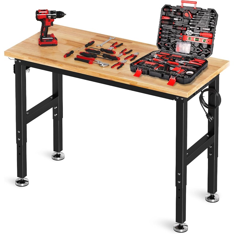 TLGREEN 48" Adjustable Work Bench with Power Outlet, Rubber Wood Top Work Table, Heavy Duty Work Bench, 2000 LBS Capacity, Workb