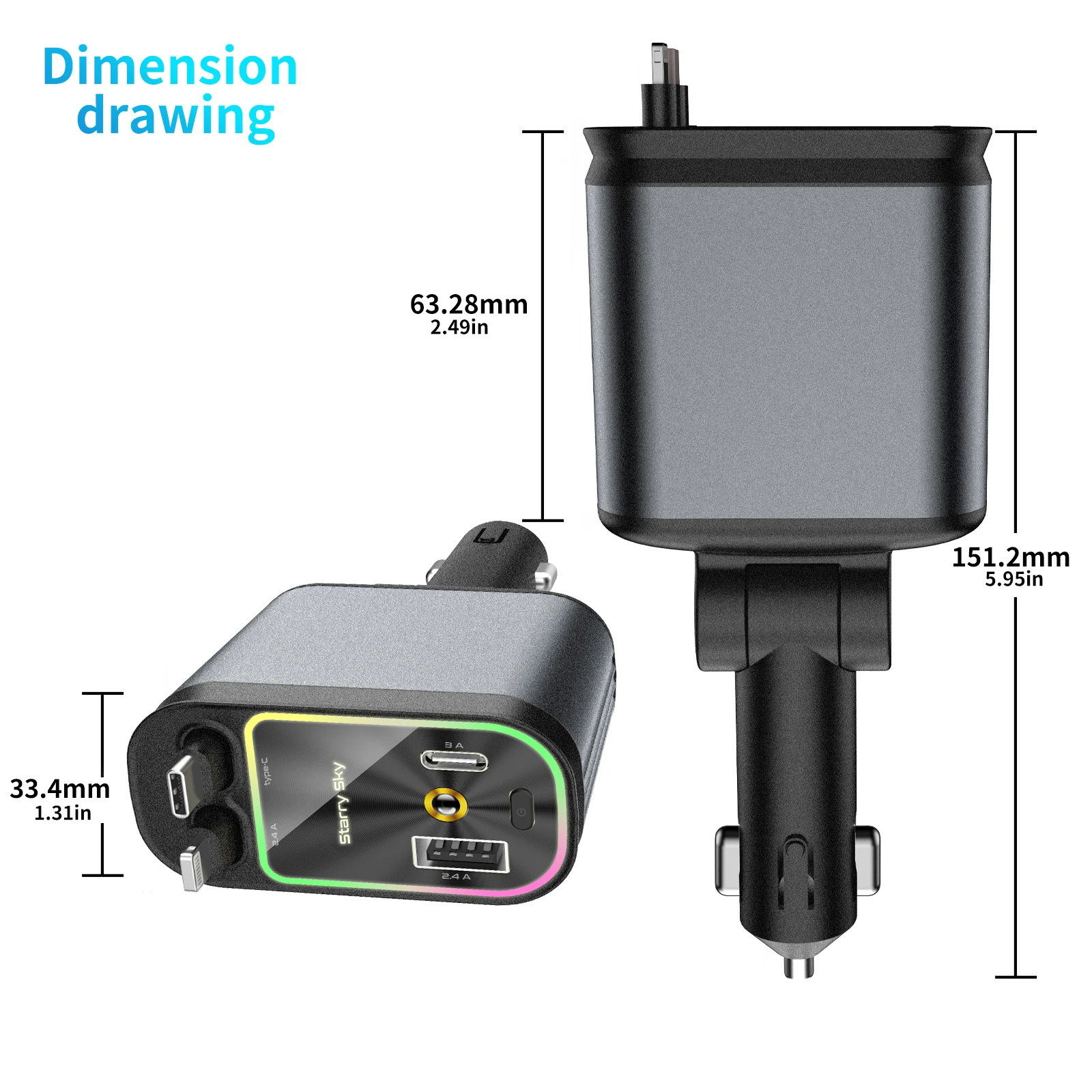 4-in-1-Autoladegerät, einziehbares Kabel, automatisches Dach, Sternenlicht, Typ C, schnelles Aufladen, Zigarettenanzünder für iPhone, Huawei, Samsung