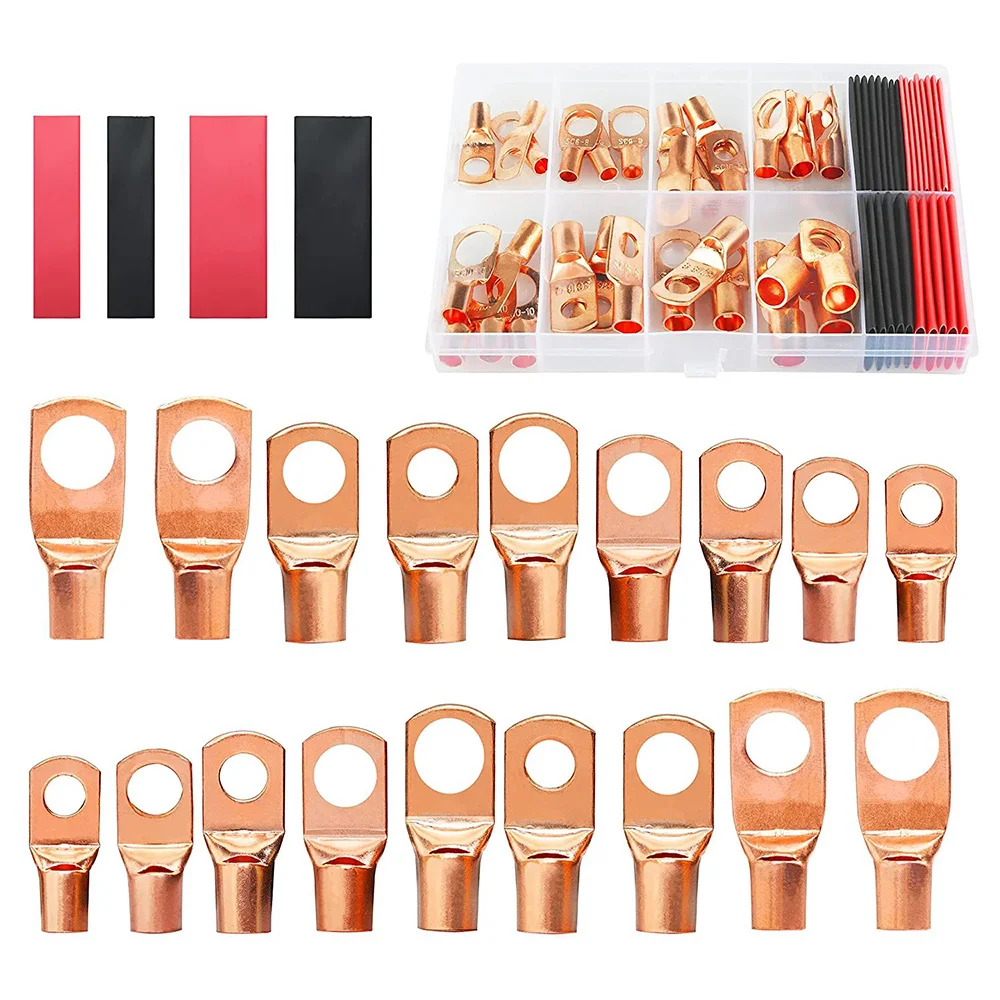 100pcs Copper Terminal Connectors, AWG 4 6 8 10 12 Ring Lug Kit With Shrink Tubing 50 Battery Cable Lugs, With 50 Shrink Tubing
