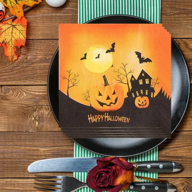 10/20pcs 2-Ply 33cm Halloween Pumpkin Bat Noir Pattern Printed Party Paper Napkins Halloween Elements Decorative Paper Placemats