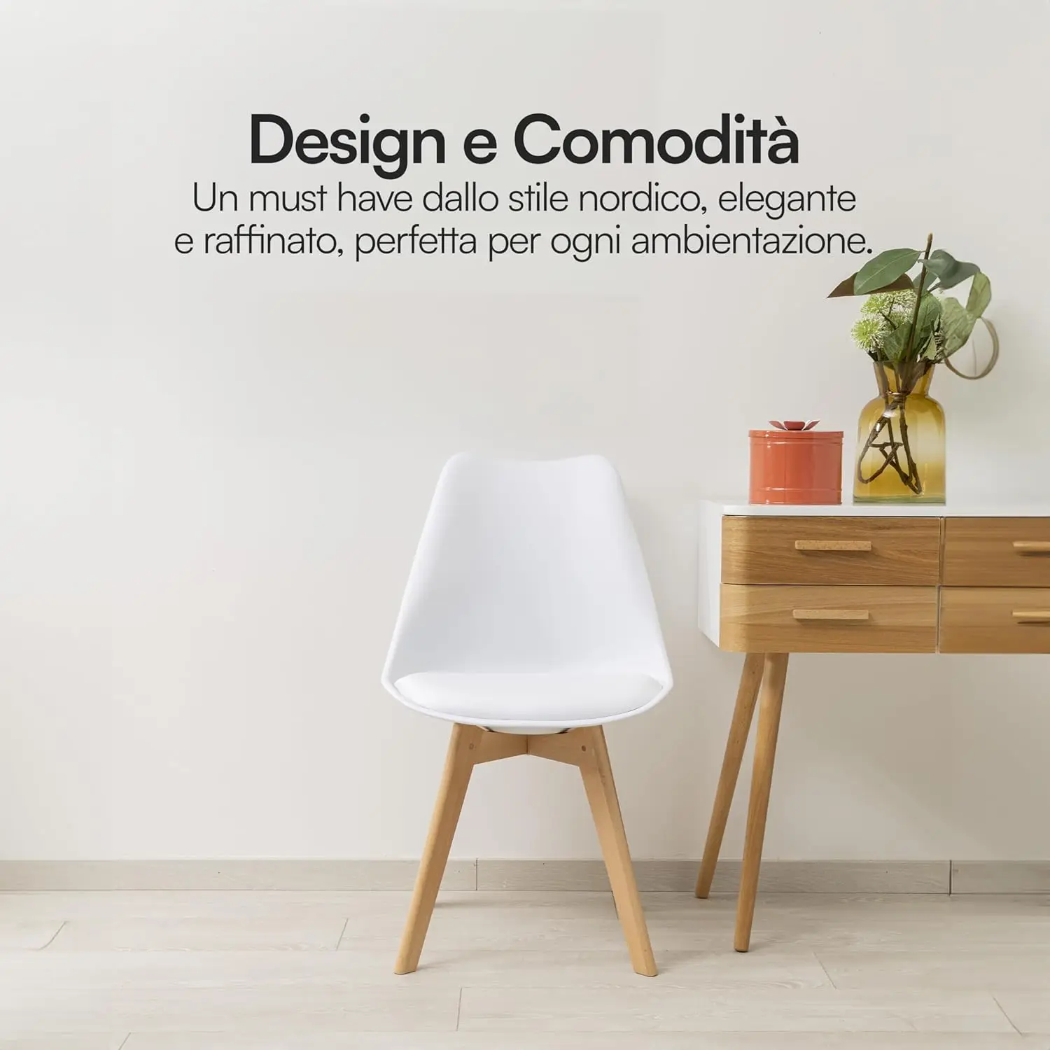 Set di 4 Sedie da Pranzo o Ufficio con Gambe in Legno, Sedia Ergonomica con Cuscino Integrato 57X48X79 cm Bianco