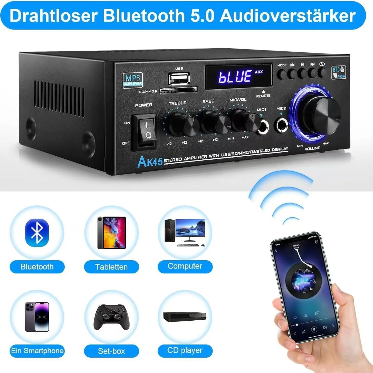 Amplificateur stéréo Bluetooth AK45 à 2 canaux, avec entrée USB SD AUX FM, écran LCD, entrée micro, télécommande
