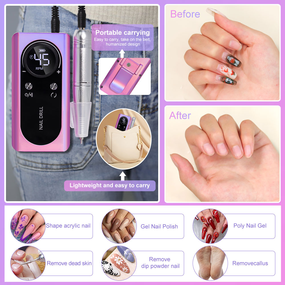 45000RPM Rechargeable Nail Drill Machine with LCD Low Noise Professional Nail Polish Sander Nails Accessories Set