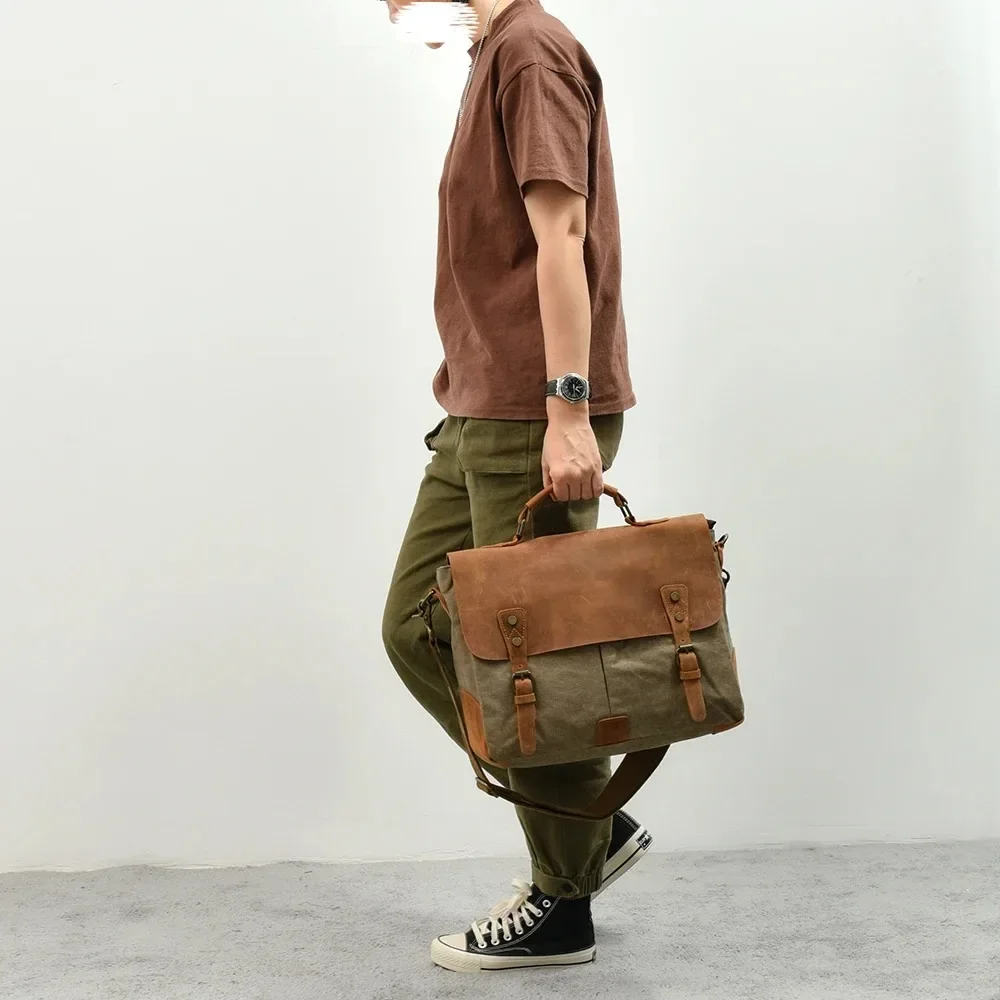 High Quality Portable Briefcase Leather with Canvas American Retro Messenger Bag Shoulder Messenger Bag Multi-purpose