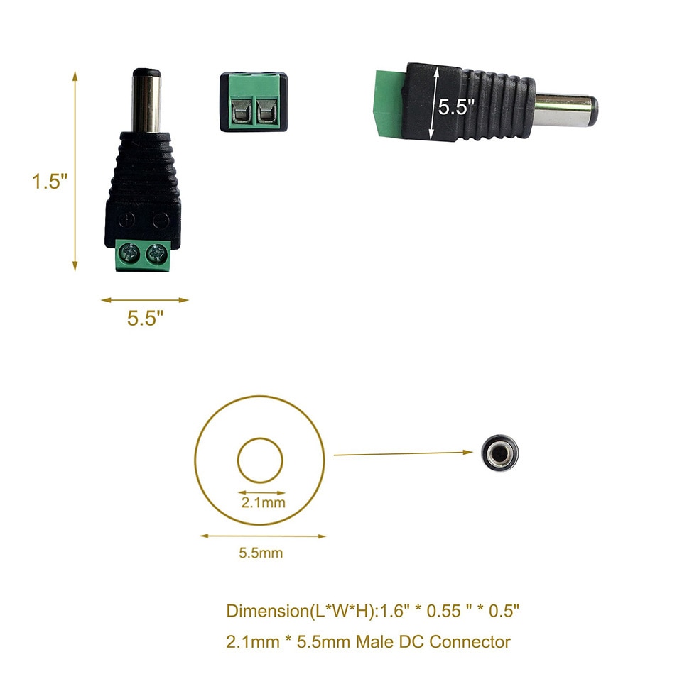 5pairs Female and Male DC Connectors 5.5x2.1mm Power Plug Adapter Jacks Sockets Connector For Single Color LED Strip CCTV Camera