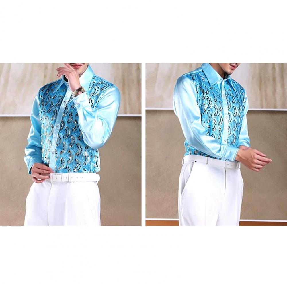 Camisa informal Formal para hombre, camisa de rendimiento de lentejuelas de lujo para escenario de boda, ropa informal Formal de manga larga con un solo pecho