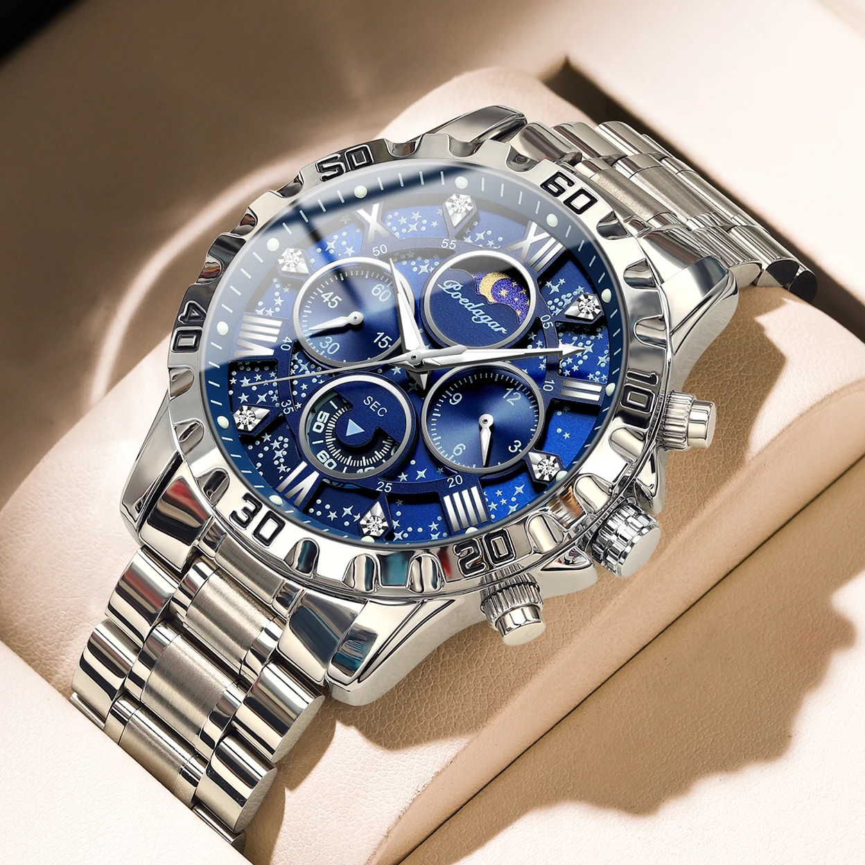 Reloj de pulsera POEDAGAR de lujo para hombre, cronógrafo luminoso resistente al agua, reloj de cuarzo para hombre, relojes deportivos informales de acero inoxidable para hombre
