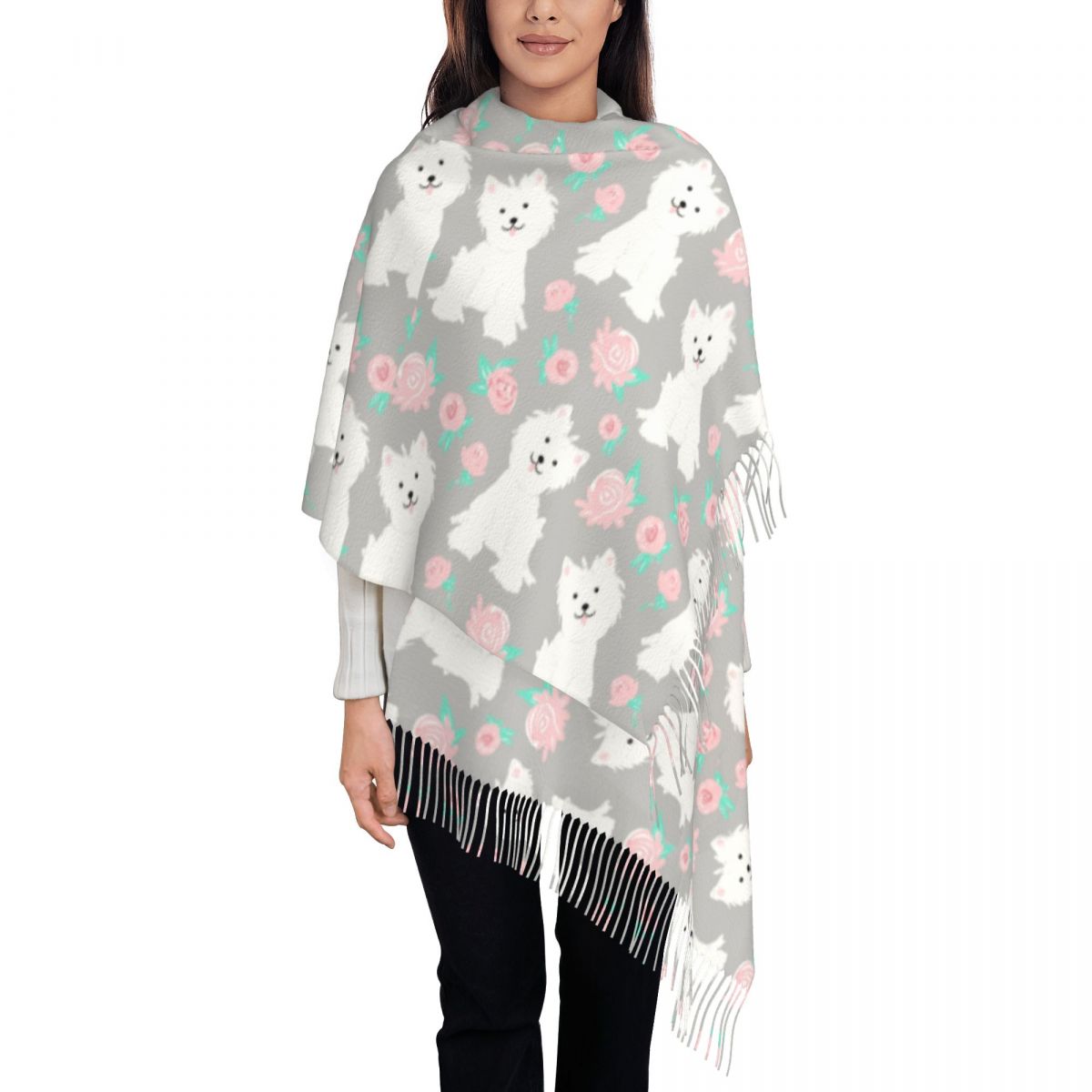 Damen Lange West Highland White Terrier Welpe und Rosenblumen Schals Damen Winter Herbst Warmer Quastenschal Wickeltuch Westie Hundeschal