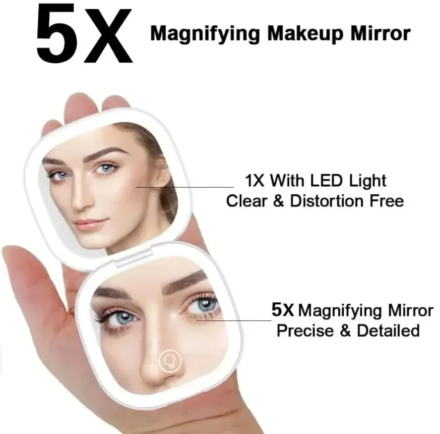 2 얼굴 측면 터치 컴팩트 Led 3 색 미니 접이식 화장품 충전 메이크업 거울 빛 5X 돋보기 작은 주머니 여행