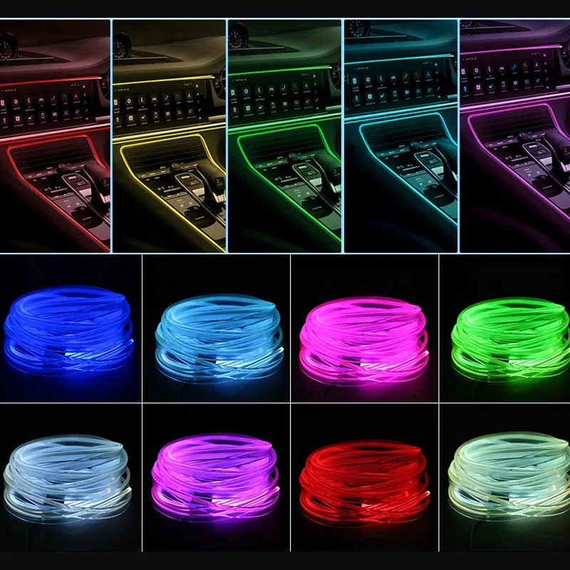 รถ RGB Ambient LED Light Strip 1/2/3/4/5M APP ควบคุม USB ไฟเบอร์ออปติกบรรยากาศโคมไฟนีออนภายในคอนโซลไฟตกแต่ง