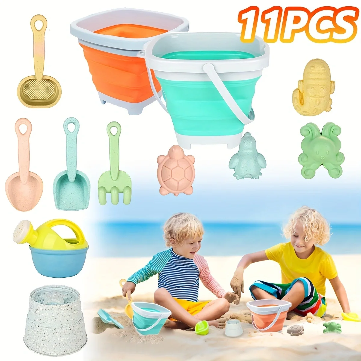 11 ชิ้นชุดของเล่นชายหาดแพคเกจของขวัญของเล่นทรายสําหรับเด็ก Sandbox ของเล่นพับถังพลั่วชุดทรายแม่พิมพ์ฤดูร้อนกลางแจ้ง