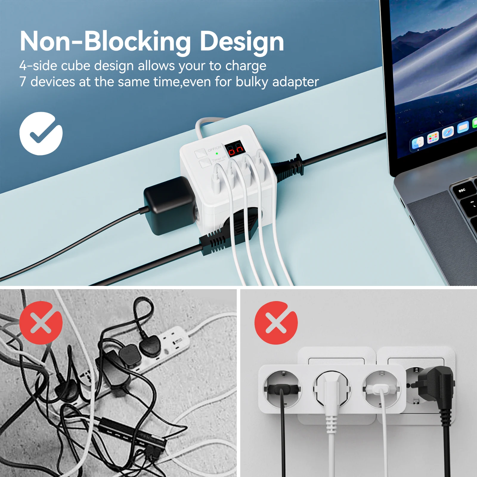 1 multiprise ue 7 en 1, protection contre les surtensions, rallonge de 1,5 m, 3 prises CA 3 USB 1 type-c, charge de bureau chronométrée