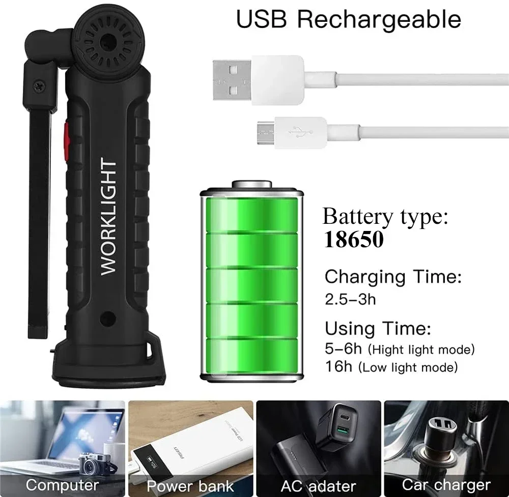 Cob LED Arbeits licht dimmbar USB wiederauf ladbare LED Taschenlampe Inspektions lampe mit Magnet haken Power Bank 18650 Batterie Taschenlampe