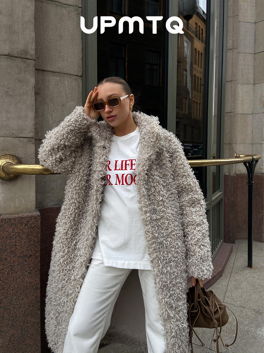 Casaco longo de lã cinza pele sintética shearling para mulheres inverno 2025 moda inverno na moda teddy maxi casaco monki encaracolado ajuste limpo outwear