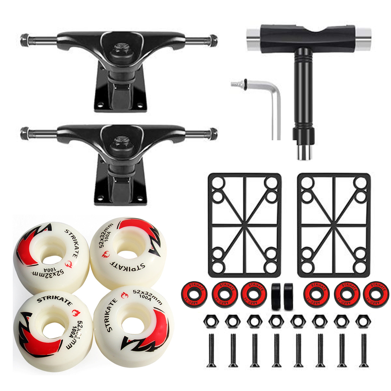 STRIKATE Caminhão de skate impresso de 5 polegadas com rodas PU STRIKATE de 52 mm Rolamento de skate Pro 3 mm riserpad 29 mm Kit de hardware