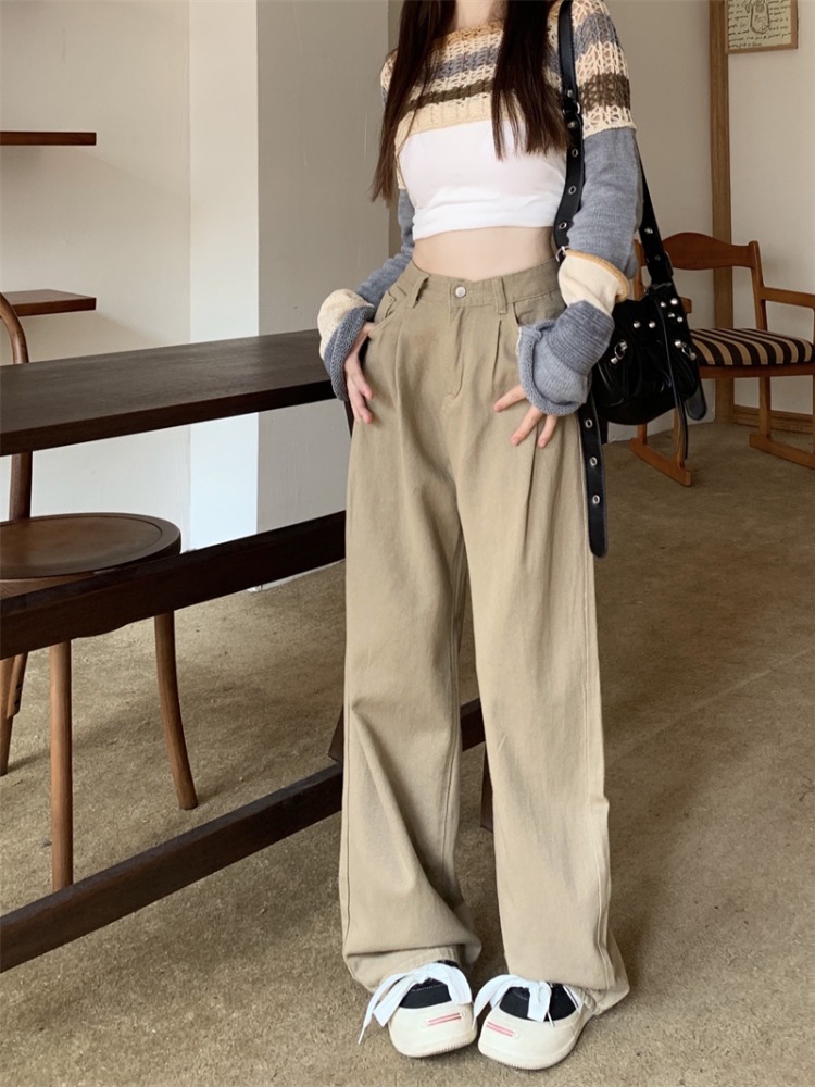 ハイウエストストレートレッグカジュアルジーンズ女性の春の新小さいサイズスリムワイドレッグパンツ床の長さのズボン