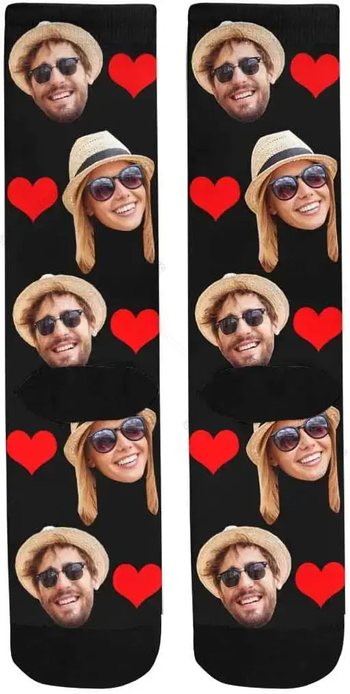 Custom Photo Couple Girlfriend Face Socks Love Heart Crew Socks with 2 Faces for Men Women One Size