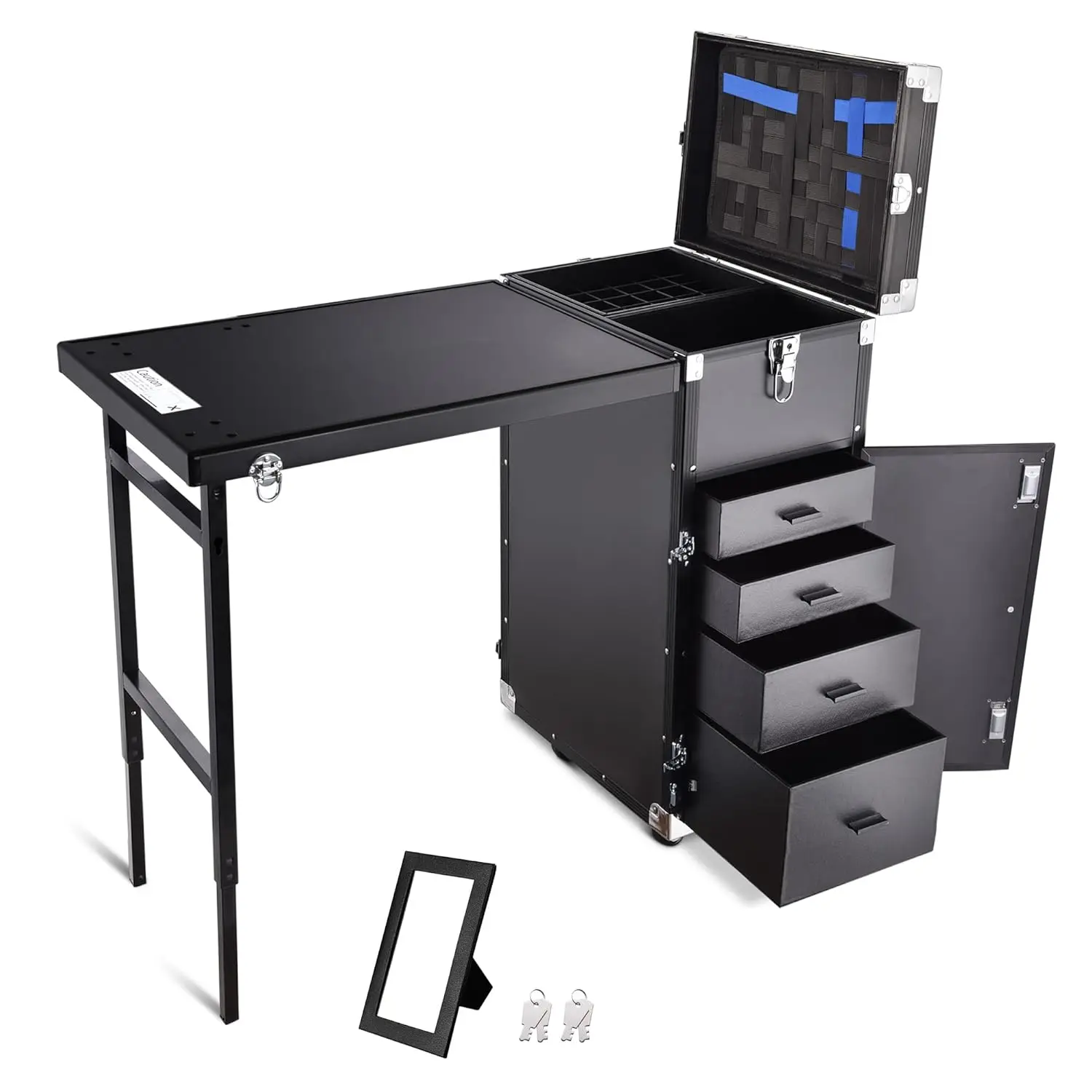 Rolling Manicure Table Foldable Nail Table Makeup Train Case Tattoo Station Portable Nail Desk Workstation with 4 Drawers Mirror