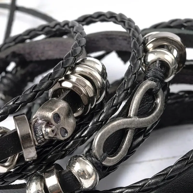 Conjunto de pulseira estilo punk trançado diy de metal 5 peças, com couro pu e miçangas