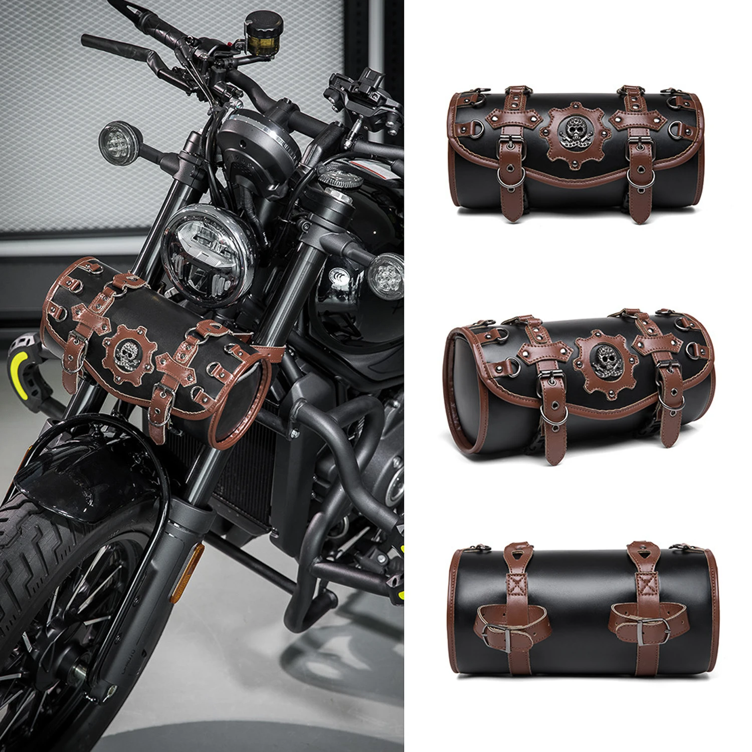 Motorcycle Saddlebag Leather Too PouchesStorage Suitable for Front Fork&Handlebar, RoadTrip Essential, Daily Commute